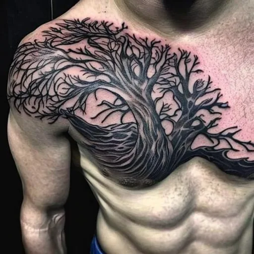 Prompt: Small-size family tree tattoo on top-left area of chest