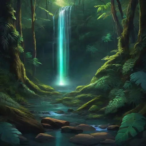 Prompt: Envision a glowing waterfall in a lush forest 