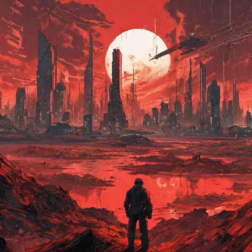 Prompt: A futuristic city set on a planet with red skies, dystopian, dark figures, tall buildings, explosion in the distance, Van Gogh style

