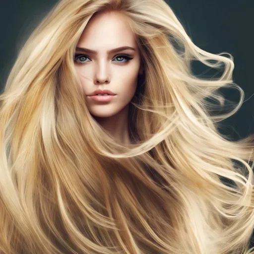 Prompt: blond long thick hair covers the half face woman, flying hair