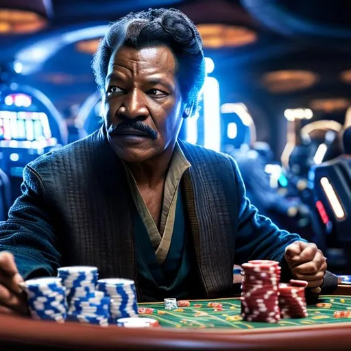 Prompt: Ultra-realistic photo of Lando Calrissian playing poker at casino, star wars, perfect composition, hyperrealistic, super detailed, 8k, high quality, trending art, trending on artstation, sharp focus, studio photo, intricate details, highly detailed