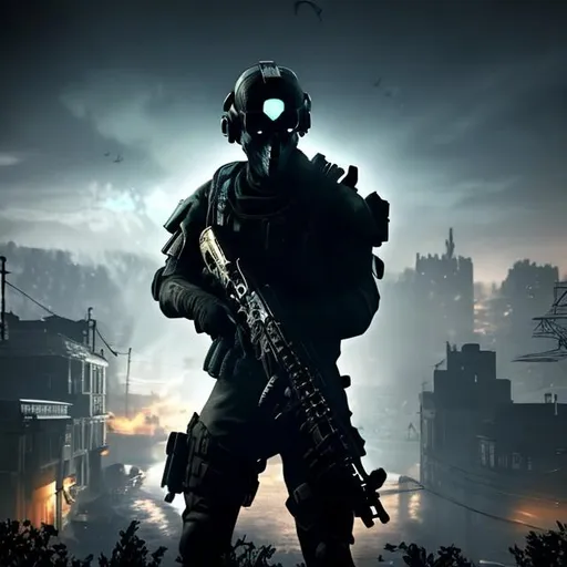 Prompt: Ghost for Call of Duty Standing overlooking a City at Night 