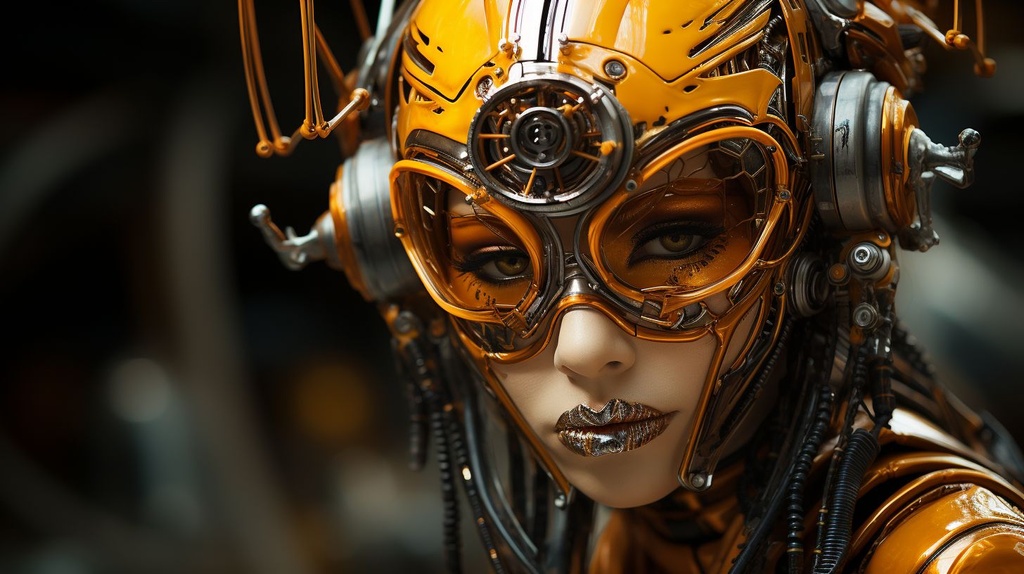 Prompt: a woman dressed is a yellow and black dress with a helmet, in the style of cyberpunk realism, zbrush, argus c3, made of insects, industrial machinery aesthetics, shiny eyes, high definition