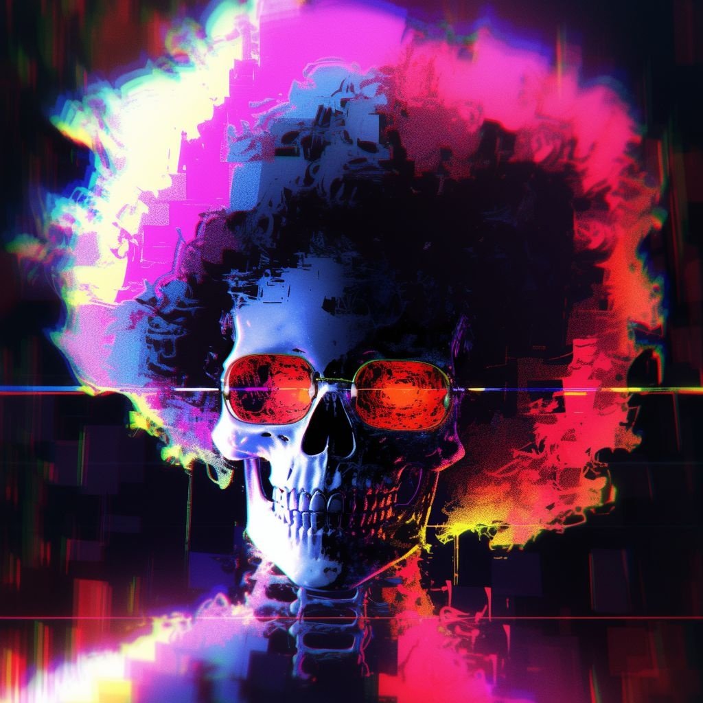 Prompt: skeleton with a curly afro, sunglasses, star, video glitches, cinema4d, mosaic, ansin, cyberpunk