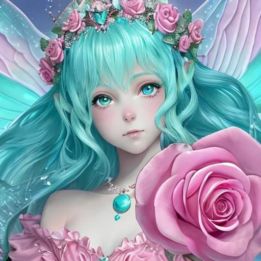 Prompt: pink rose fairy goddess with aqua, closeup
