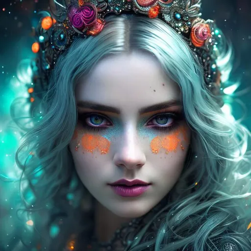 Prompt: Insanely detailed Portrait photograph of beautiful woman in rags, she has straight and bright neon orange hair and an ultra detailed face, lacy white clothes, symmetrical bright neon yellow cat pupils, silver circlet, cleavage, soft face, deep colors, full moon lighting glow background, shadows, Breathtaking Fantasycore Artwork By Android Jones, Jean Baptiste Monge, Alberto Seveso, Erin Hanson, Jeremy Mann. Intricate Photography, A Masterpiece, 8k Resolution Artstation, Unreal Engine 5, Cgsociety, Octane Photograph, sharp focus