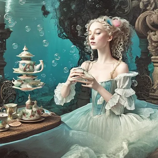 Prompt: woman in 18th century dress underwater having tea.  Hair, flowing fabric, bubbles.  tea cups, saucers, tea pots.  Curls, ribbons, lace.