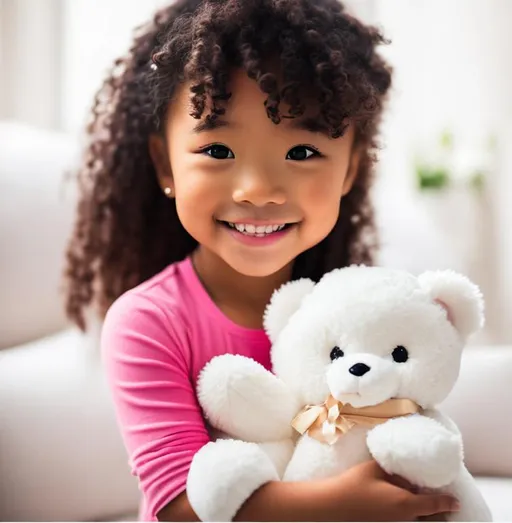 Prompt: Little blasian girl. Holding white teddy bear. Stuffed animal. Curly hair. cute. Face front. Mouth smiling. 
