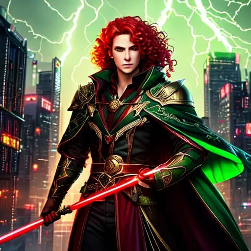 Prompt: Portrait of beautiful elf king, red curly hair, green emerald eyes, royal robes, scythe weapon, cyberpunk style city, glowing city, glowing building lights, lightning storm, thunder storm, cyberpunk style city, 4K, 8K, wide angle, doubled frame size