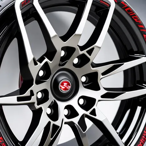 Prompt: Full view of 22 inch sports alloy wheel with 3 spokes, knife-sharp spokes, fixed with red screws, black background, hyper-detail, 8K, photorealistic mechanical elements, no rubber, no body, no car