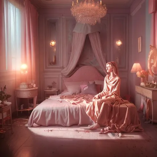 Prompt: Digital painting showing the suffering of women,sitting on a bed in a cosy vintage bedroom, octane render by weta digital,  exotic colorful pastel, ray traced lighting and reflection