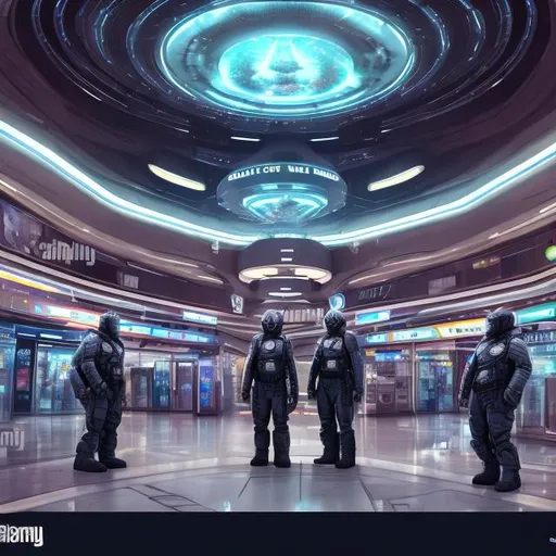 Prompt: Mammoth security guards in a busy alien mall, widescreen, infinity vanishing point, galaxy background, surprise easter egg