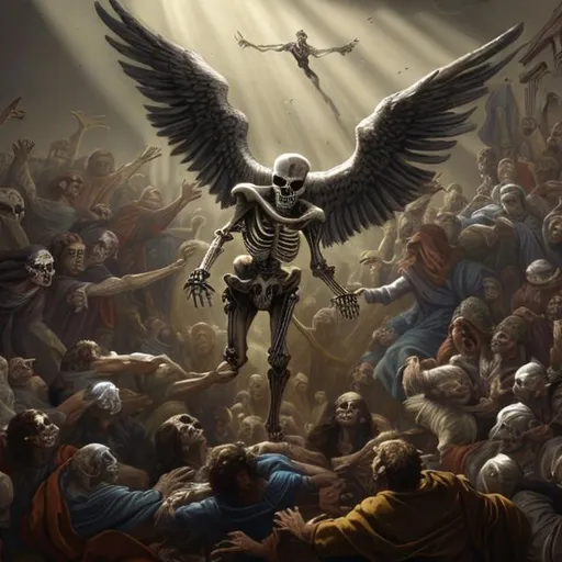 biblically accurate angle as a skeleton flying among...
