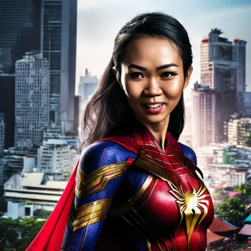 Prompt: one hybrid superhero character, Mix Thai  female and spiderwoman, in realistic background of bangkok, with weapon, happy facial expression, detailed armor and cape, 4K, detailed facial expression, superhero, vibrant colors, intense gaze, advertisement-worthy, realistic, detailed illustration, professional, vibrant lighting
