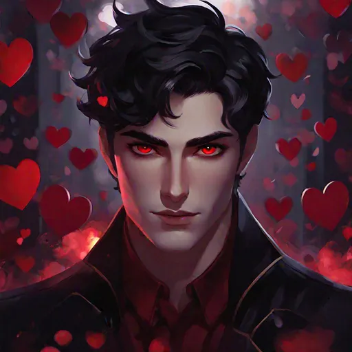 Prompt: Damien (male, short black hair, red eyes) smiling sadistically, eyes wide open, hearts around him