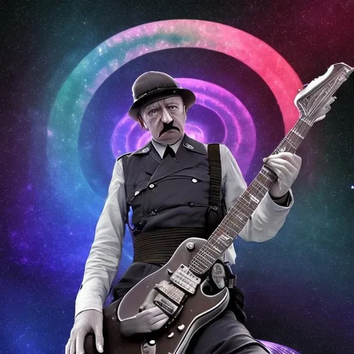 Prompt: hitler playing guitar in an alien shopping mall, infinity vanishing point, spiral galaxy background