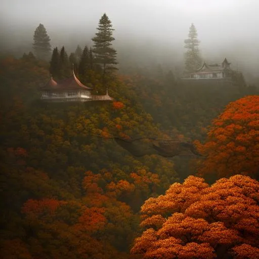 Prompt: surreal concept art of a strange winged cabin flying in an autumnal forest, foggy, gloomy, lots of details, intricate scene, correct, digital painting, fine tuned,  64k