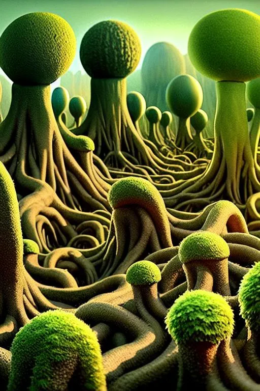 Prompt: A surreal root maze landscape with tall tentacular roots rising out of the ground like an alien planet, no vegetation except for small plants, wide-angle lens effect, creeper, low-poly, cinematic. 16k render. Impressionist painting style. Matte painting, hyperrealistic, photorealism, detailed. HDR lighting. mobile format, HDR. Film grain.