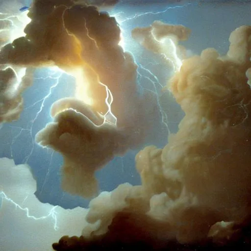 Prompt: Zeus striking down lightning while sitting on clouds