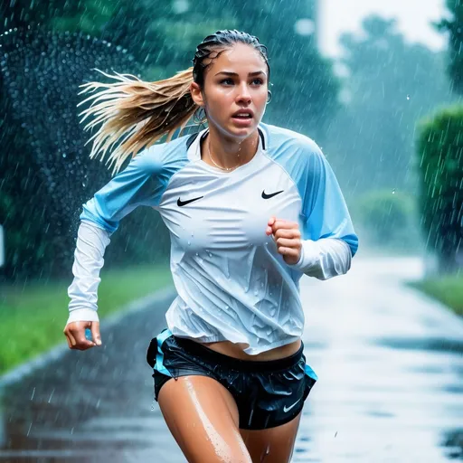 Prompt: photo of young woman, soaking wet clothes, white socks, light blue nike pro shorts, white ripped tshirt,  , running in the rain,   enjoying, water dripping from clothes, clothes stuck to body,  detailed textures of the wet fabric, wet face, wet plastered hair,  wet, drenched, professional, high-quality details, full body view.