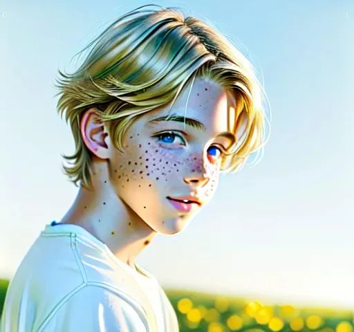 Prompt: Hyperrealistic Hyperrealism front view of face (headshot) (straight forward view) Beautiful young teen boy, (kid cole sprouse)+++ blond boy, straight hair, happy eyes, innocent, boy model, 16 years old, pretty, cute, freckles, cinematic lighting, blue sky, bright colors, blue, green, yellow, white,  luminous, hyperdetailed, great composition, professional, artstation award