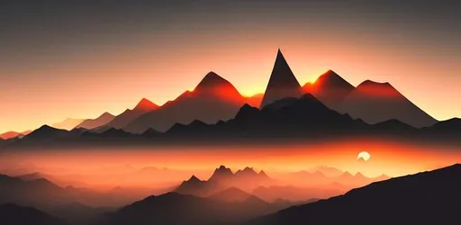 Prompt: Multiple layers of silhouette {mountains}, with silhouette of {chicago}, sharp edges, at sunset, with heavy fog in air, vector style, horizon silhouette Landscape wallpaper by Alena Aenami, cilhouette of person,  firewatch game style, vector style background
