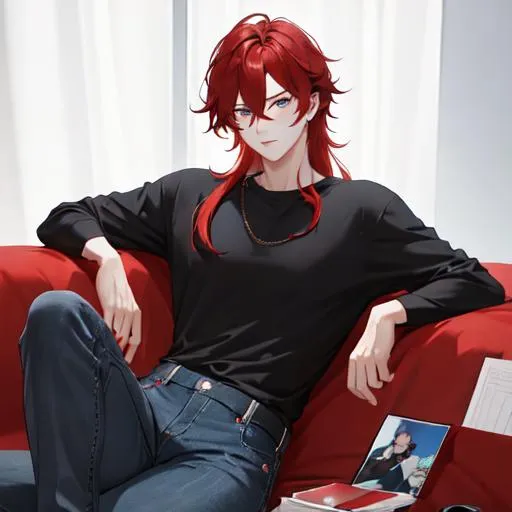 Prompt: Zerif 1male (Red side-swept hair covering his right eye) looking through a photo album, wearing a black shirt, wearing denim pants, UHD, 8K, highly detailed