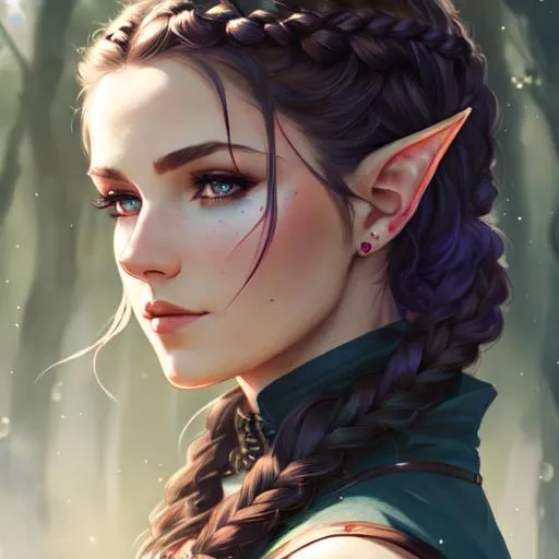Prompt: short braided hair, caplet, rogue, female elf, tattoo on cheek, single scar on cheek, UHD, 8K, high fantasy, (((art by Agnes Cecile))), 