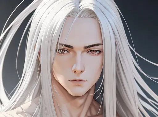 Prompt: white long hair young anime boy, Face view, no wearing clothes, flowing hair, art nouveau, oil painting, half body  , Full HD render + immense detail + dramatic lighting + well lit  + fine | ultra - detailed realism, full body art, lighting, high quality,  engraved | highly detailed |digital painting, artstation, concept art, smooth, sharp focus, Nostalgic.