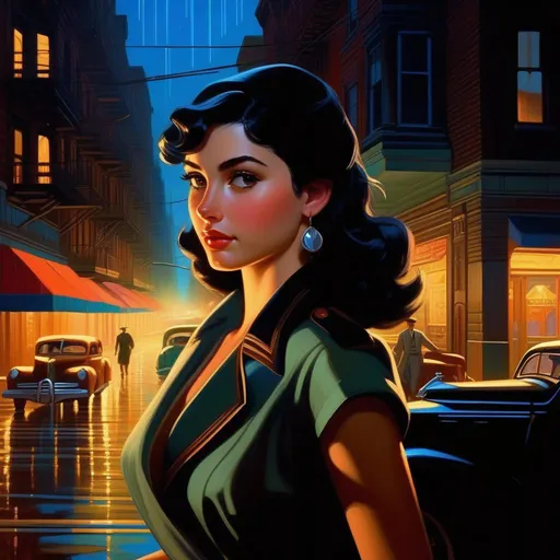 Prompt: Third person, gameplay, Italian-American girl, pale olive skin, black hair, brown eyes, 1940s, Brooklyn at night, neon, rain, blue atmosphere, cartoony style, extremely detailed painting by Greg Rutkowski and by Henry Justice Ford and by Steve Henderson 

