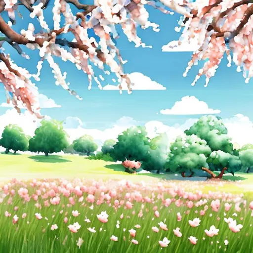 Prompt: paint a watercolour painting with one cherry tree in pink, pale blue sky and white a couple of clouds, pastel green tones for the grass. A couple picnicing. Create a high pixel quality spring scene in nature using the items mentioned in the previous sentence. 
