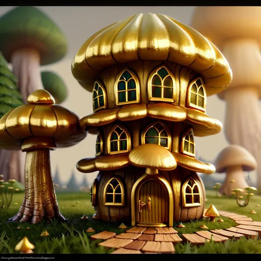 Prompt: Beautiful Serene gold and wooden mushroom gnome house with Elaborate Architecture, 4D 8k Resolution, hyperrealism, detailed painting, deviantart, trending on artstation, unreal engine, Cinematic, Beautiful Lighting, Cel-shaded, depth,