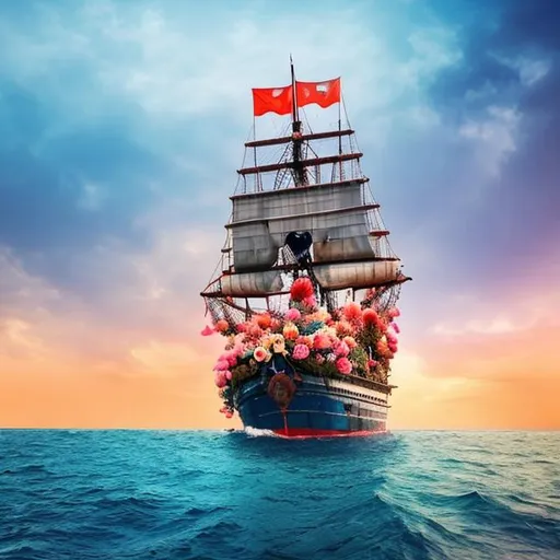 Prompt: A ship one the sea near an island with many rose and tulip flower