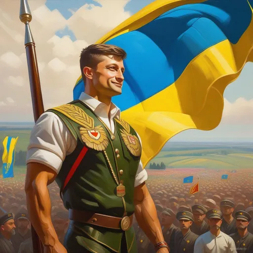 Prompt: Tall buff Zelensky gigachad, Ukrainian flag, cartoony style, extremely detailed painting by Greg Rutkowski and by Henry Justice Ford and by Steve Henderson 