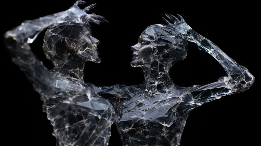 Prompt: people made of cracked glass dancing