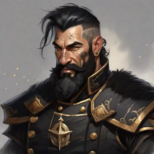 Prompt: Fantasy portrait of a friendly, smiling, middle-aged muscular inquisitor in black uniform, rough, rugged, ugly, with a mane of black hair, pallid skin, thick beard, gold specks in eyes, and bold tattoos, wearing a black inquisitor uniform, with a scarred and wrinkled face, broken nose and scars, barrel chested, in a tavern setting, detailed, highres, fantasy, rugged, tribal, smiling, intense gaze, detailed facial features, dark and mysterious, atmospheric lighting