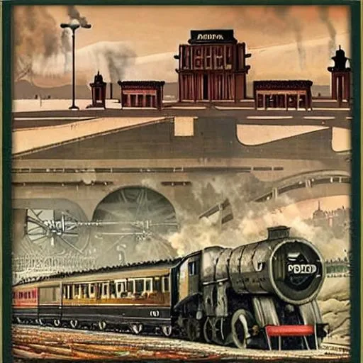 Prompt: Art deco steam punk railway station busy Lowry post apocalyptic crumbling civilisation realistic industry pollution