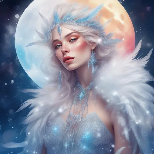 Prompt: Colourful and beautiful ice queen Persephone with snow feathers for hair, wearing a dress made of snow feathers, wearing crystal jewelry framed by constellations, snow and the moon in outer space in a dreamy painted style 