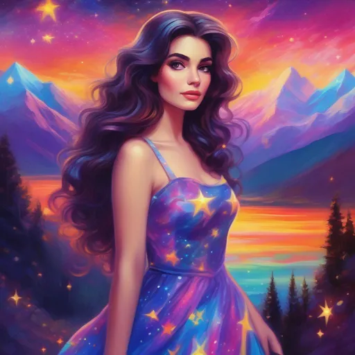 Prompt: A brunette, Persephone in a dress of stars in the style of Lisa Frank. Mountains and sunset in the background. In an impressionist art style. 