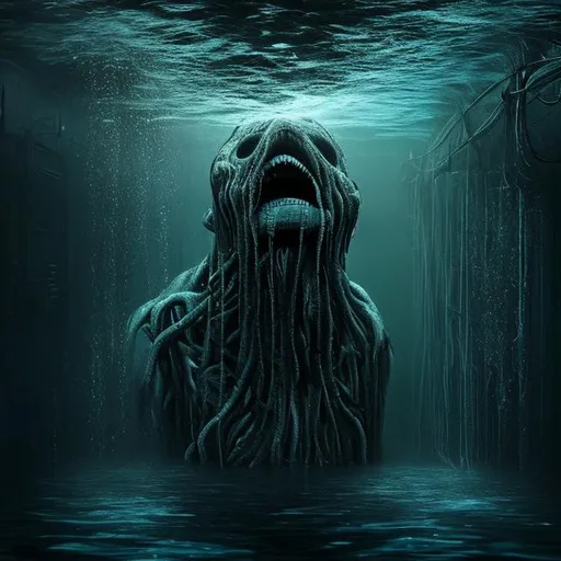 Prompt: Hyperrealistic, lifelike, award-winning, creepy, eerie, eerie atmosphere, 8K UHD, QHD, scary, dark, deep ocean, marine, scary big humanoid creature, thalassophobia in deep dark ocean human like scary creature