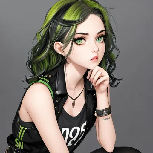 Prompt: An insanely beautiful girl around 21 years old. punk clothes. perfect anatomy, symmetrically perfect face. perfect grey eyes. beautiful short black wavy hair with green streaks. no extra limbs or hands or fingers or legs or arms.