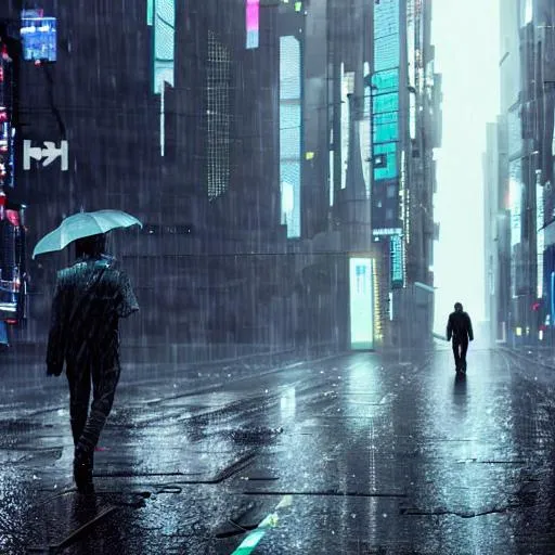 Prompt: Lonely male cyberpunk, rainy weather, walking away from view.