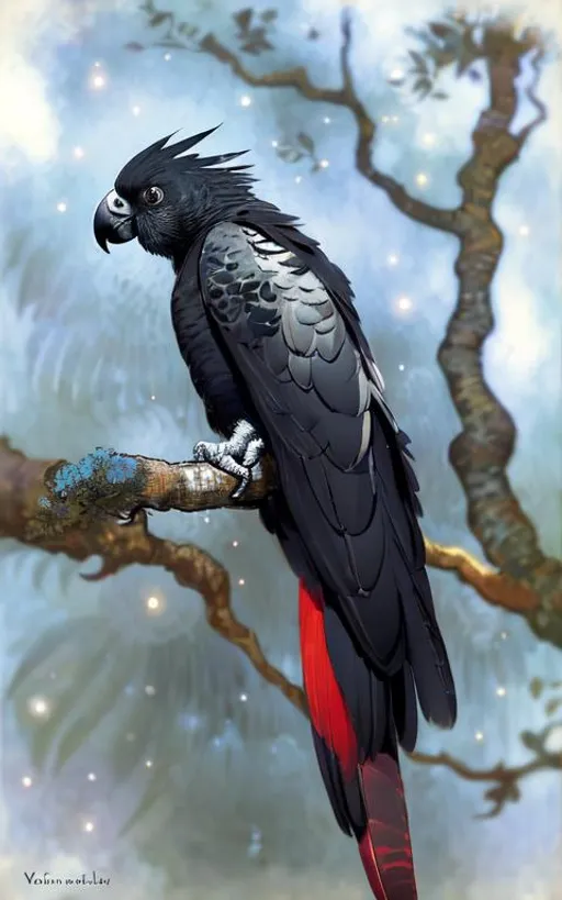 Prompt: Sparkling. A red tailed black cockatoo, portrait.  Art by van Gogh, Ivan Bilibin, Xuan Loc Xuan, Jean-Baptiste Monge, pieter aertsen, robert bissell. Add Shimmering. 3d. Very clear resolution. Highly detailed.
