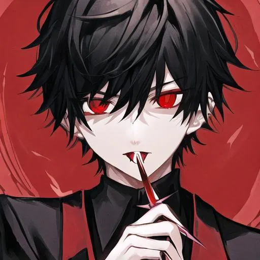 Prompt: Damien  (male, short black hair, red eyes) holding a knife up to his mouth 
