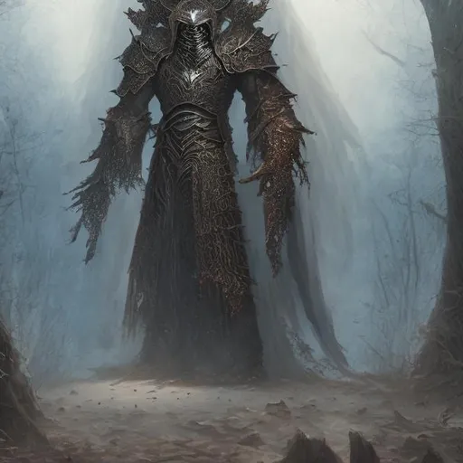 Prompt: A painting of a menacing knight in a dark shaded armor, medieval, natural light, moon, illustration, oil painting, 4k, realistic, brown, skinny, lich king, forest, single