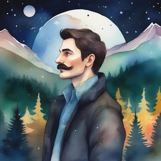 Prompt: A colourful and beautiful profile picture of a handsome brunette man with a mustach surrounded by Sitka Spruce trees, and framed by mountains, the moon and constilations, done in a watercolour style