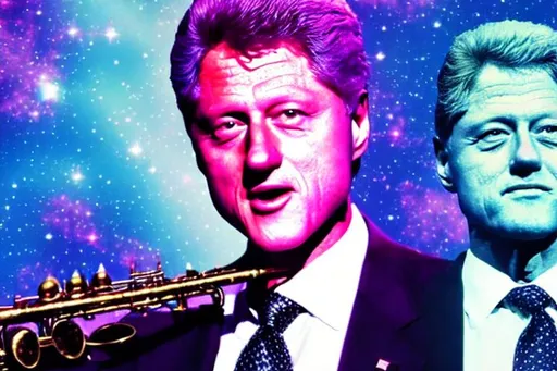 Prompt: Breathtaking perfect Detailed president ((Bill Clinton)) holding and playing the (saxophone) (trippy) cool aesthetic (vaporwave) (wallpaper) from 1992 with a galaxy background