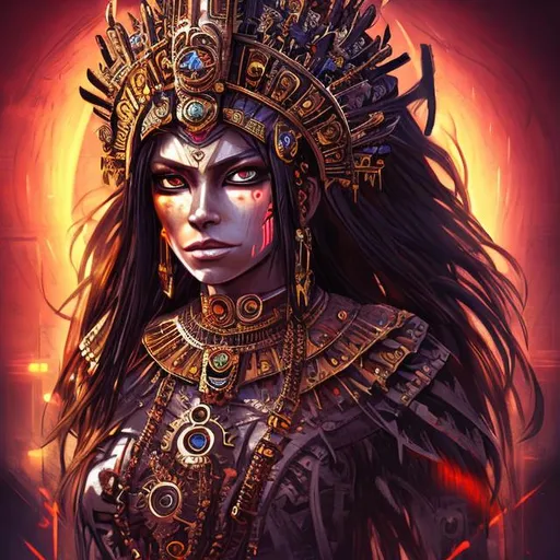 Prompt: aztec queen, ruler, crown, light, dawn, blood, intense, fierce expression, calm, smirk, fit woman, long black straight hair, colorful background,  sun, glowing eyes, side view, queen, anime, detailed, steampunk, fullbody, walking pose, weapons, 8k