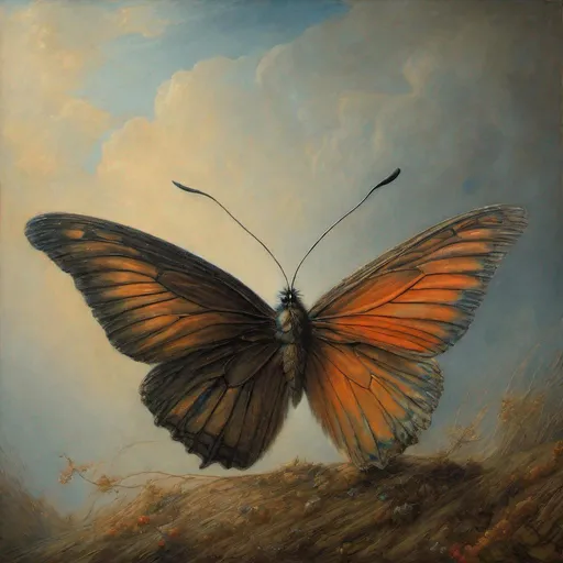 Prompt: HD, 8k, Detailed, unnerving, horror painting of a butterfly, inspired by: Zdzisław Beksiński, also inspired  Johann Heinrich Füssli, also inspired by Luis Ricardo Falero, also inspired by John William Waterhouse, also inspired by 
Jan de Bray, also inspired by Johannes Vermeer, also inspired by Jacob van Loo, also inspired by Utrecht Caravaggism.