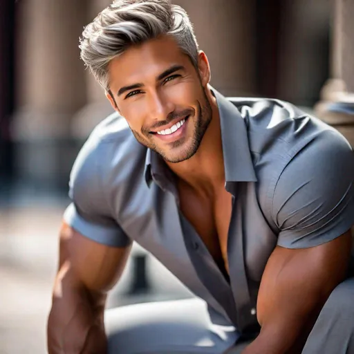 Prompt: Photoshoot of gorgeous male model, tan skin, short gray hair, defined shredded musculature, broad shoulders, short-sleeve button-up shirt, tight pants, big behind, sultry romantic smile, intricate detail, best quality, uhd, 8k, center frame, professional lighting, detailed facial features, sultry, center frame, light, intricate detail, best quality, uhd, 8k